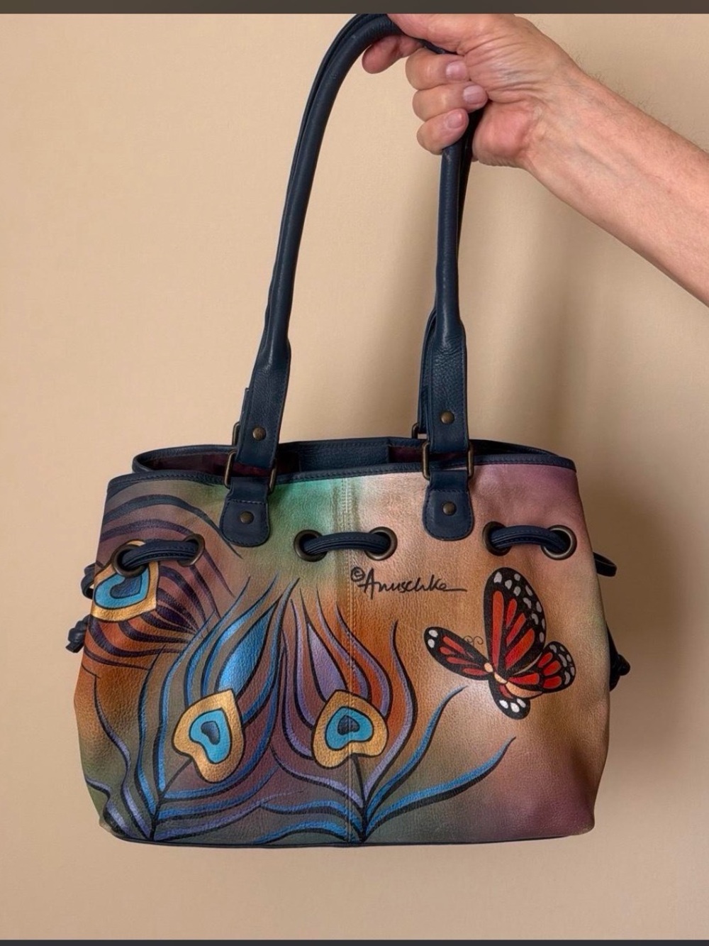 Anuschka Multicolor Peacock Feather & Butterfly Shoulder Bag with Navy Handles
